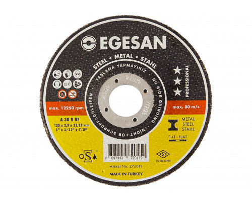 EGESAN Отрезной круг STEEL 125x2,5x22мм, А30 R BF, угл.сталь, металл 50шт/уп