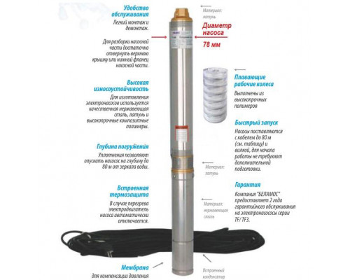 Скважинный центробежный насос TF3-110 45 л/мин, Н-110 м, ?-3, каб.65 м