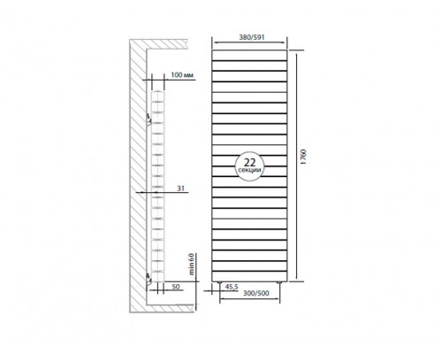 Радиатор биметаллический Pianoforte Tower x22 Silver Satin, боковое подключение