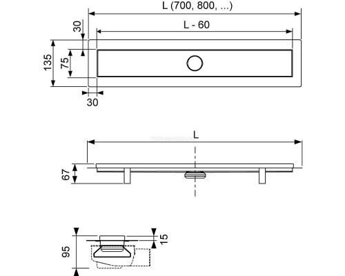 Комплект linus для монтажа дренажного канала 2 в 1, с основой для плитки “tile” и “steel”, с мембраной 700 мм, 15103079 (Теце)