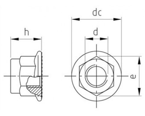 Гайка шестигранная самоконтрящаяся с нейлоновым вкладышем и фланцем с насечками DIN 6926 ~EN 1663