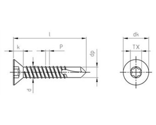 Саморез со сверлом, потайная головка, шестирадиусный шлиц (TORX) DIN 7504 O TORX
