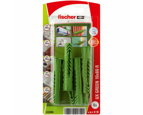 Дюбель универсальный fischer UX Green R K NV с кромкой экологически чистый нейлон, 10x60 мм