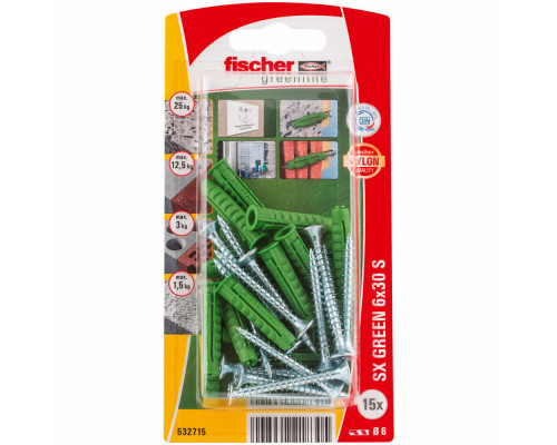 Распорный дюбель fischer SX S Green K NV с кромкой и потайным шурупом ЭКО, 6x30/4.5x40 мм