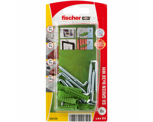 Распорный дюбель fischer SX WH Green K NV с кромкой и Г-образным шурупом ЭКО, 6x30/4.2x40 мм