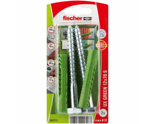 Дюбель универсальный fischer UX Green R S K NV с шестигранным шурупом ЭКО, 12x70/10x100 мм