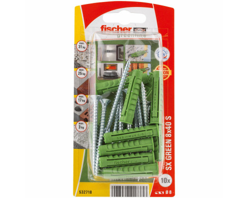 Распорный дюбель fischer SX S Green K NV с кромкой и потайным шурупом ЭКО, 8x40/5x55 мм