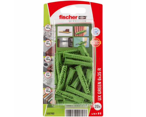 Дюбель универсальный fischer UX Green R K NV с кромкой экологически чистый нейлон, 6x35 мм