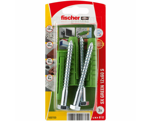 Распорный дюбель fischer SX S Green K NV с кромкой и шестигранным шурупом ЭКО, 12x60/8x80 мм