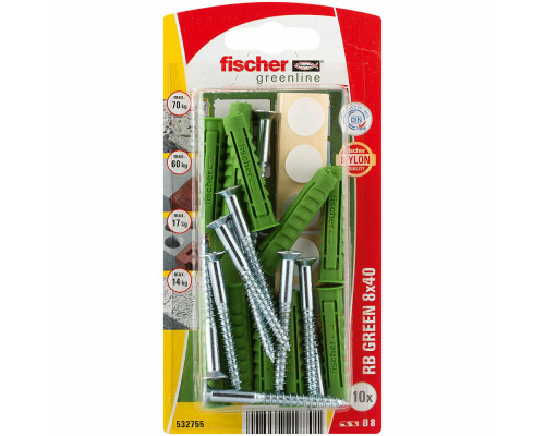 Распорный дюбель fischer RB Green K NV с потайным шурупом и неполной резьбой ЭКО, 8x40/5x50 мм